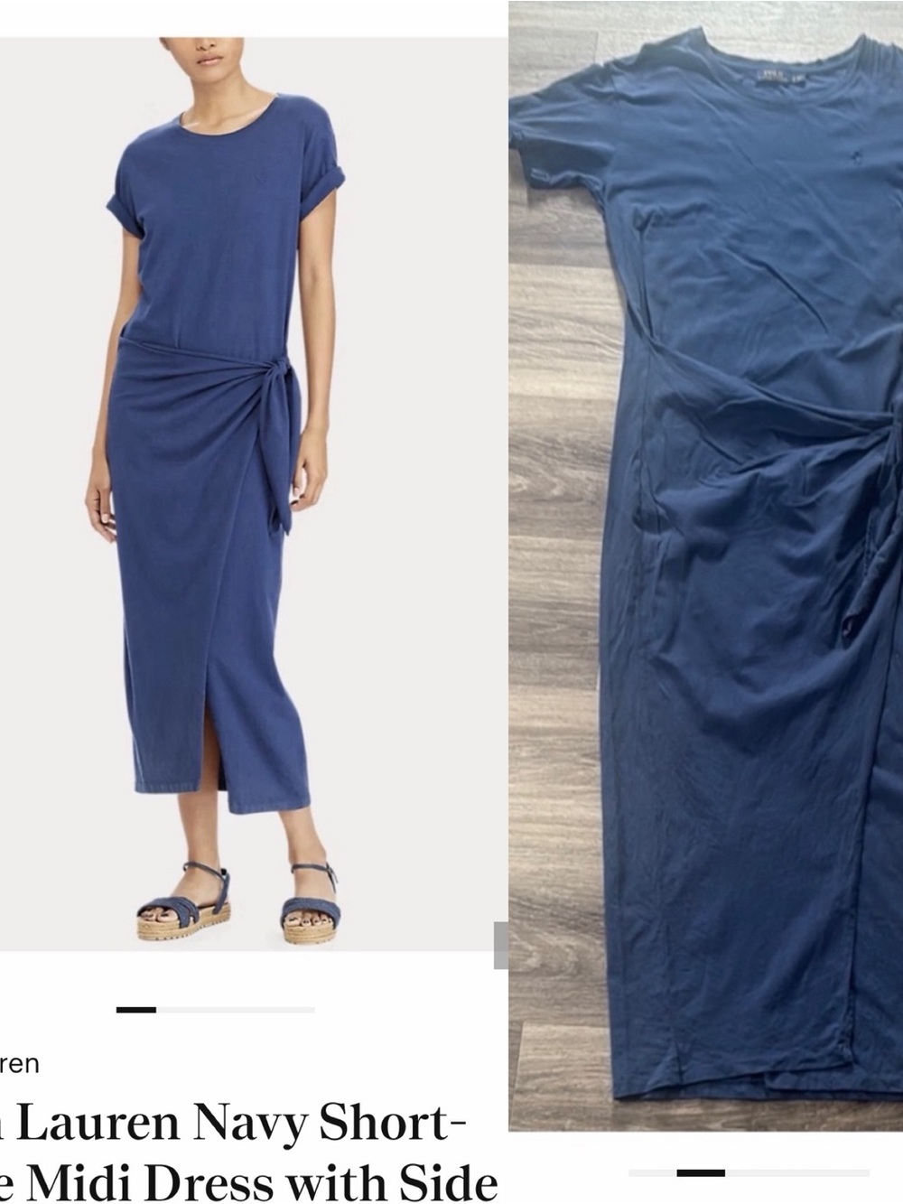 Ralph Lauren Navy Short-Sleeve Midi Dress with Side Tie